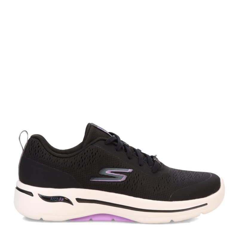 124887 BKLV Womens Skechers Go Walk Arch Fit Uptown Summer Sneaker Black White Purple 1