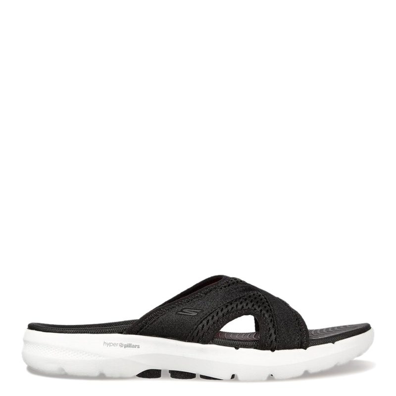 140625 BKW Womens Skechers Go Walk 6 Sandal Beach View Sandal Black White 1