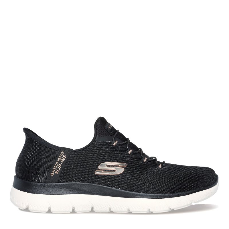 150128 BKRG Womens Skechers Slip Ins Summits Classy Night Sneaker Black Rose Gold 1