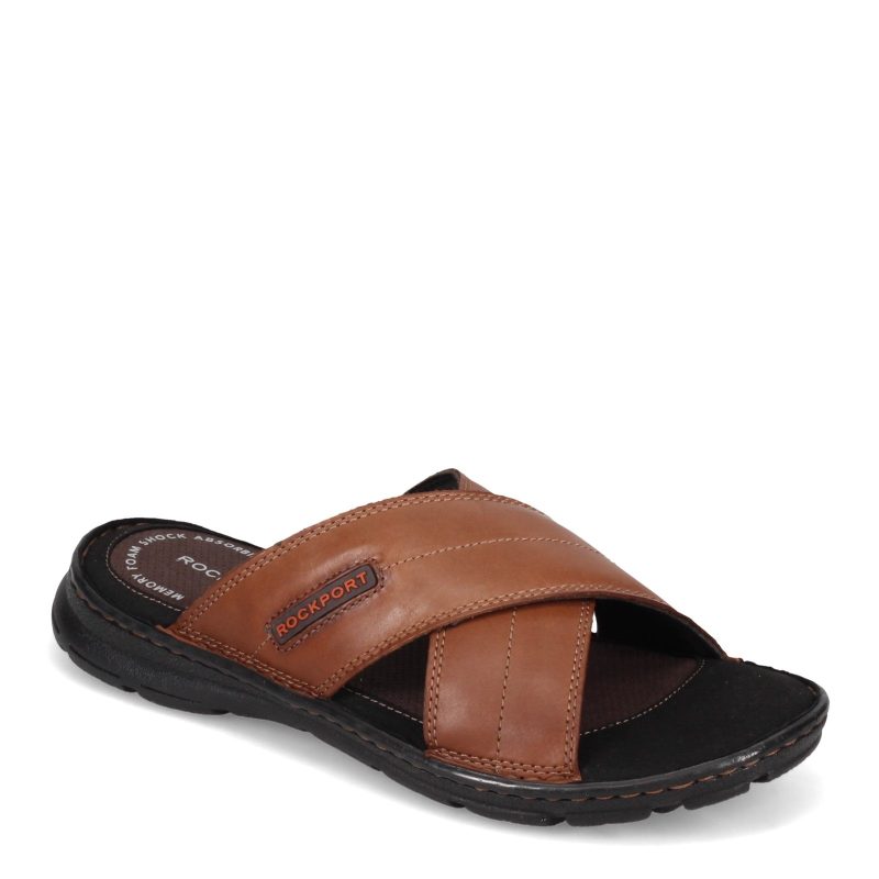 Ch1925 Mens Rockport Darwyn Cross Band Slide Sandal Brown